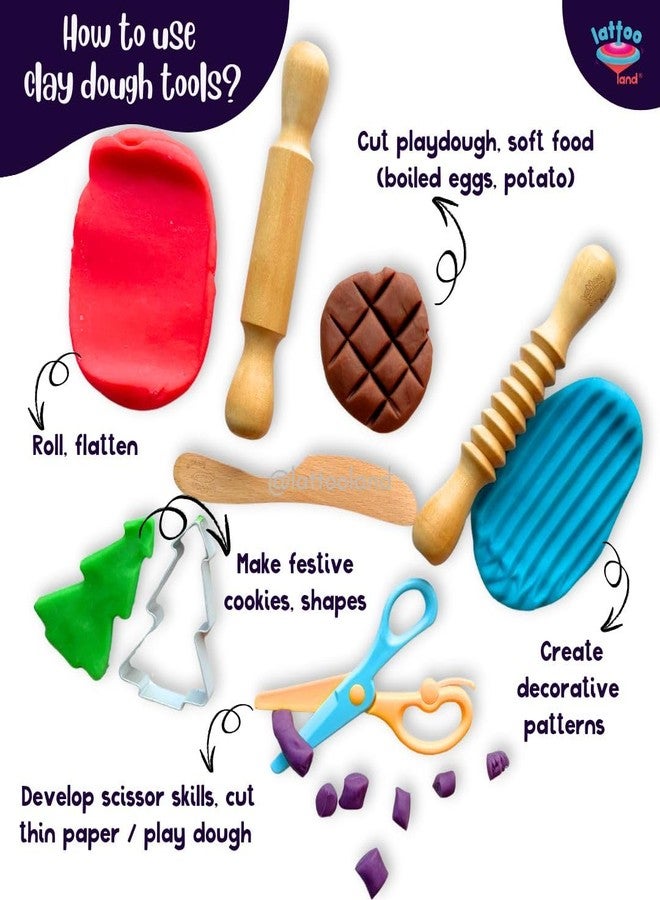 Lattooland Play Dough Tools |Wooden Tools for Clay |Montessori Toys |Pretend Play| Durable & Safe | Set of 5 Child-Sized Tools for Boys Girls 2 3 4 5 6 7 - Image 2